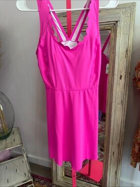 Amazon Hot Pink Scalloped V-Neck Fit & Flare Mini Dress